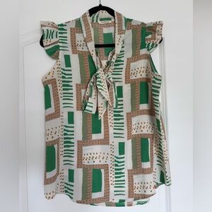 Sunday Green and Tan Geometric Print Blouse